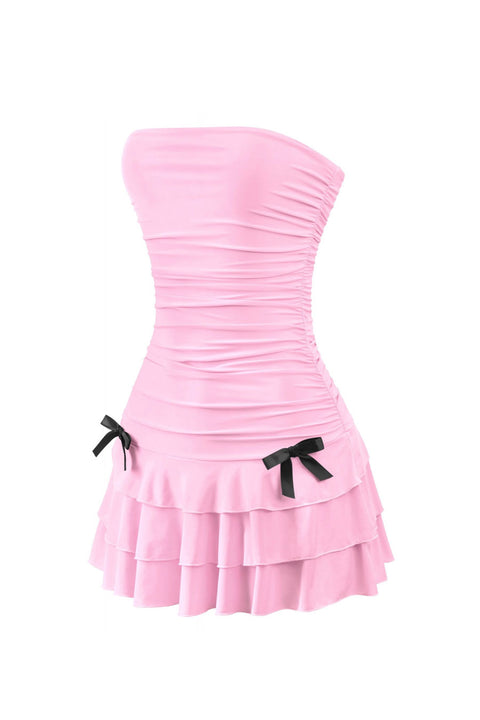 Tresser™ Coquette Strapless Ruched Ruffle Mini Dress with Bow Detail