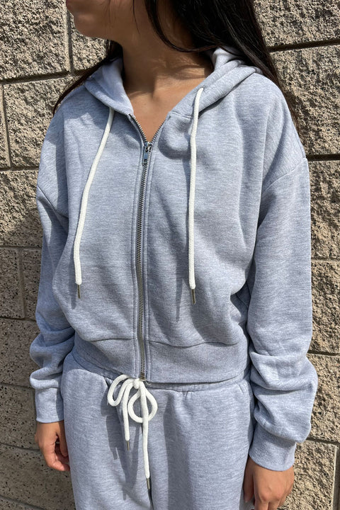Basic Fleece Long Sleeve Zip Up Cropped Hoodie Jacket
