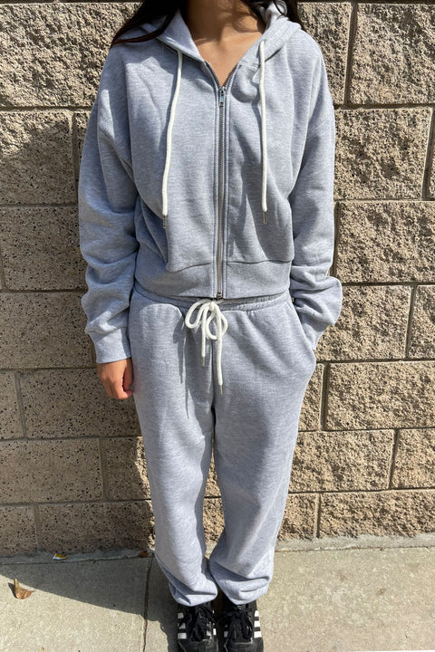 Basic Fleece Long Sleeve Zip Up Cropped Hoodie Jacket