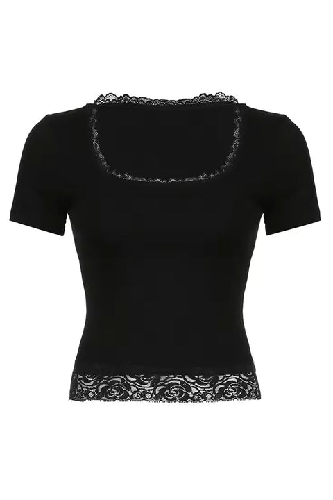 Y2K Lace Trimmed Square Neck Short Sleeve Top