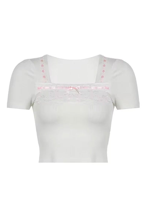 Y2K Coquette Stitch Bow Tie Short Sleeve Ribbed Crop Top