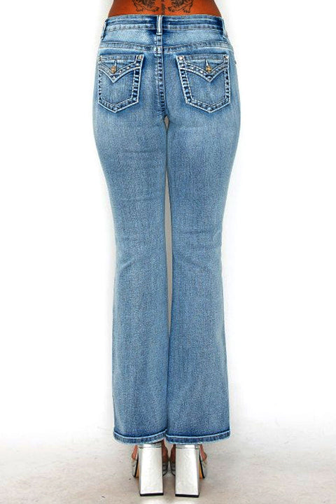 WAXJEAN Y2K Rhinestone Back Pocket Bootcut Jean with Heavy Stitches & Great Stretch