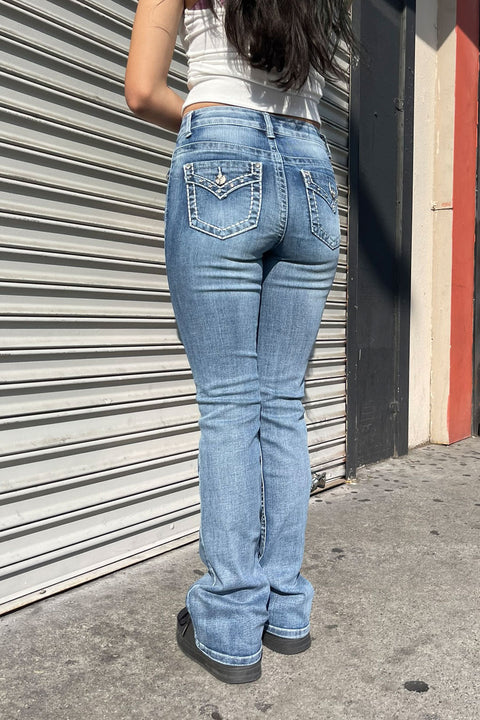 WAXJEAN Y2K Rhinestone Back Pocket Bootcut Jean with Heavy Stitches & Great Stretch