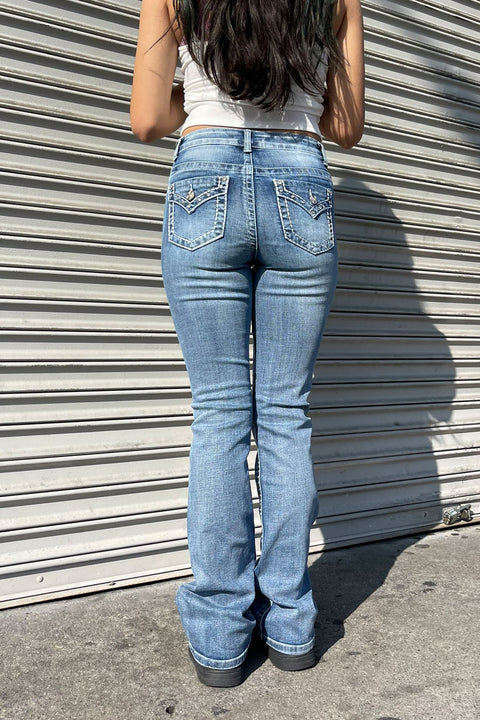 WAXJEAN Y2K Rhinestone Back Pocket Bootcut Jean with Heavy Stitches & Great Stretch