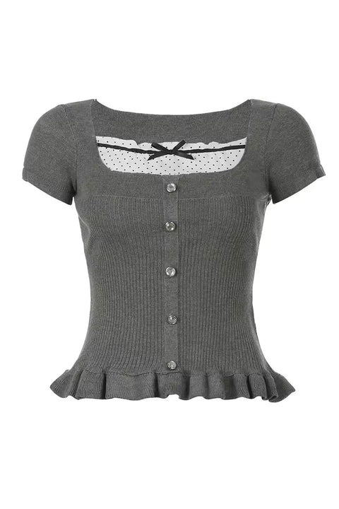 Y2K Dot Print Layered Puff Short Sleeve Sweater Top with Rhinestone Buttons