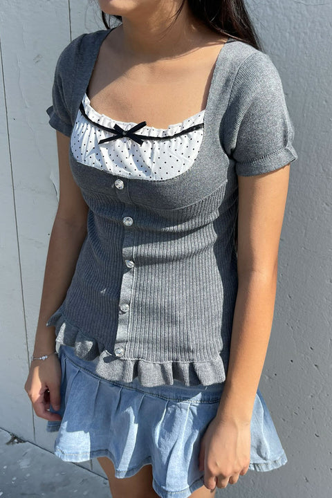 Y2K Dot Print Layered Puff Short Sleeve Sweater Top with Rhinestone Buttons