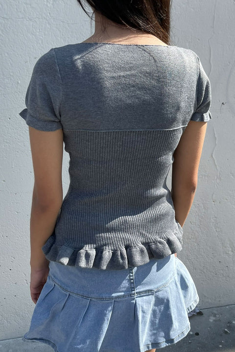 Y2K Dot Print Layered Puff Short Sleeve Sweater Top with Rhinestone Buttons