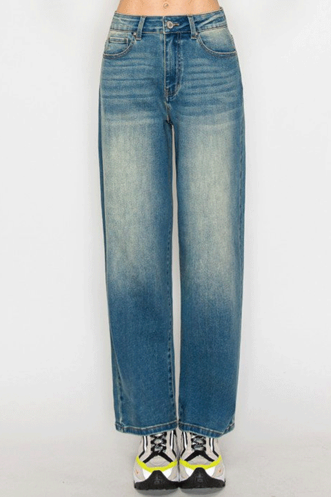 WAXJEAN Vintage Wash Baggy Straight Leg Jeans with Good Stretch