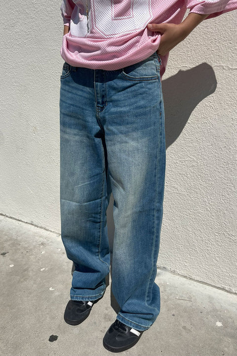 WAXJEAN Vintage Wash Baggy Straight Leg Jeans with Good Stretch
