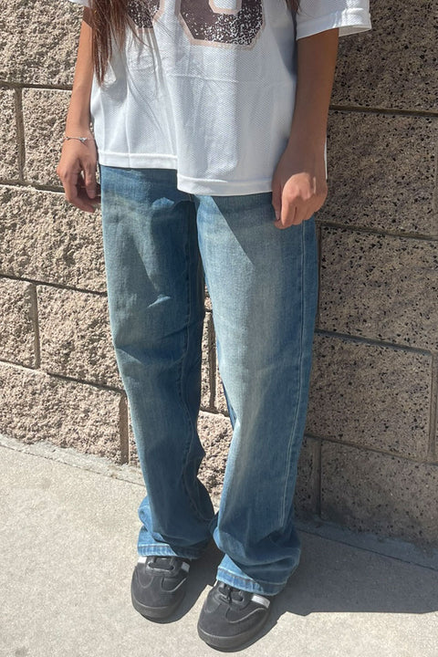 WAXJEAN Vintage Wash Baggy Straight Leg Jeans with Good Stretch