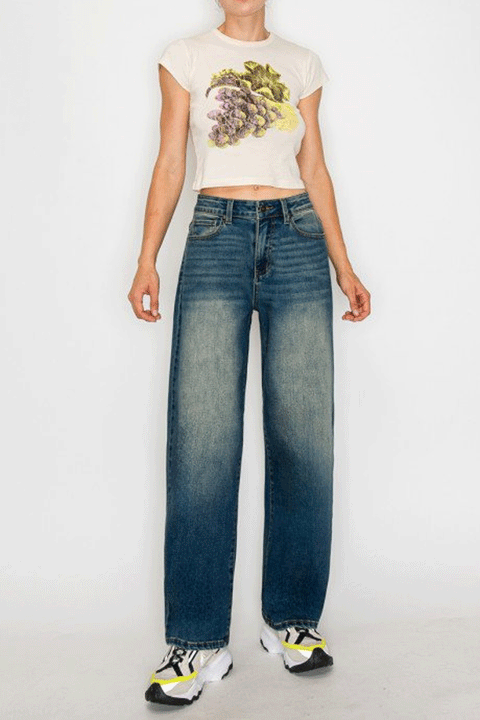 WAXJEAN Vintage Wash Baggy Straight Leg Jeans with Good Stretch