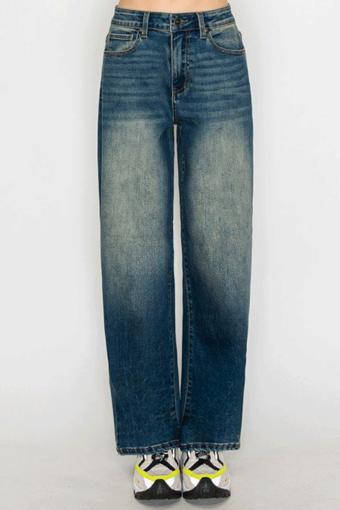 WAXJEAN Vintage Wash Baggy Straight Leg Jeans with Good Stretch