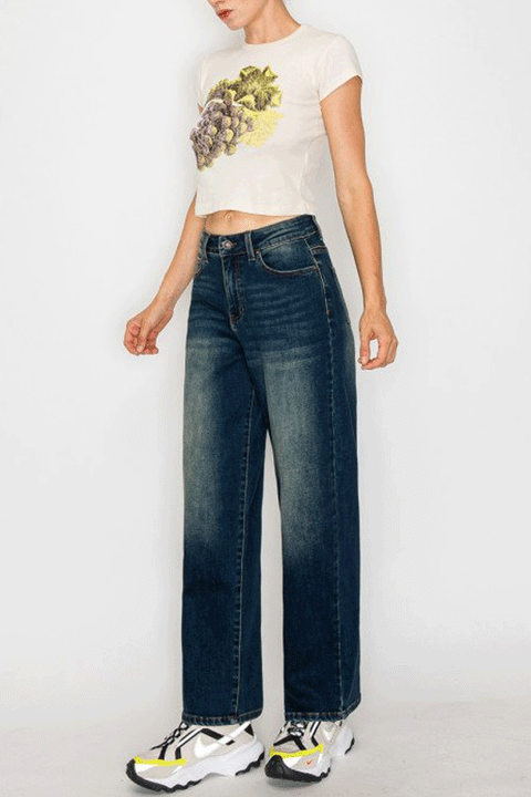 WAXJEAN Vintage Wash Baggy Straight Leg Jeans with Good Stretch
