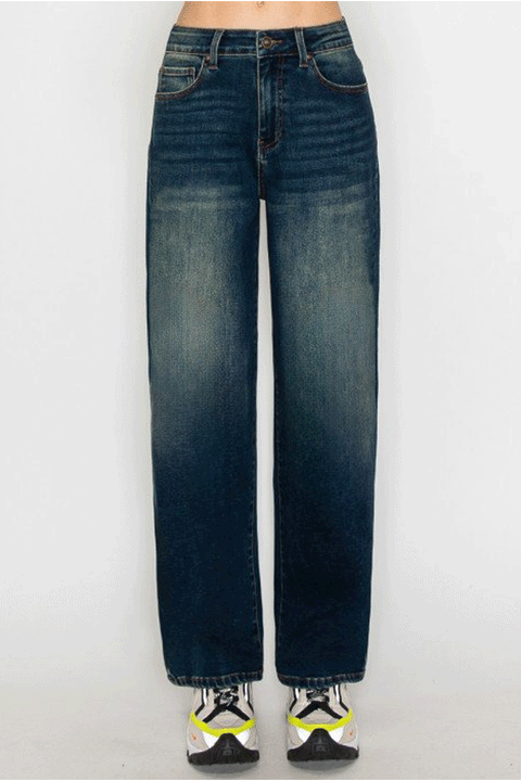 WAXJEAN Vintage Wash Baggy Straight Leg Jeans with Good Stretch