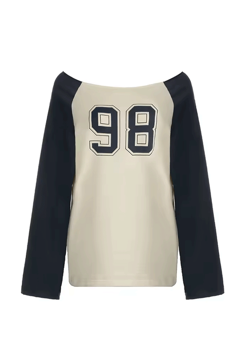 90s Kids Light French Terry Off-The-Shoulder Long Sleeve Varsity T-Shirt