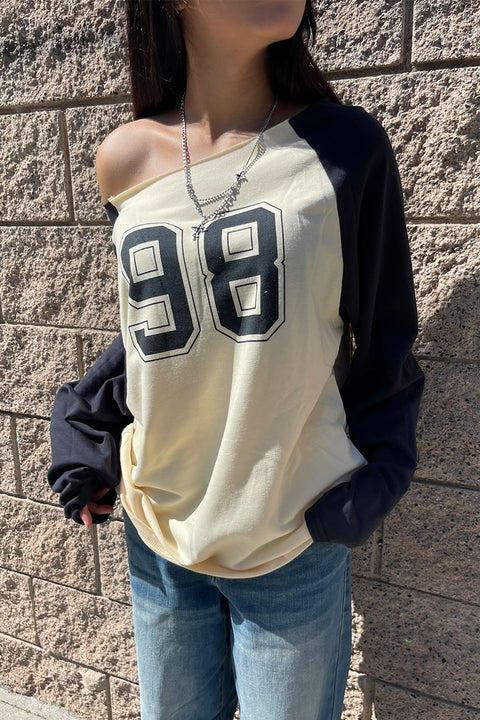 90s Kids Light French Terry Off-The-Shoulder Long Sleeve Varsity T-Shirt