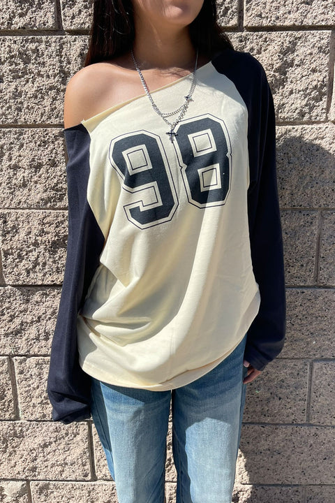 90s Kids Light French Terry Off-The-Shoulder Long Sleeve Varsity T-Shirt