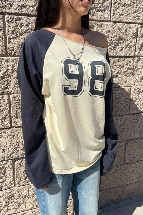 90s Kids Light French Terry Off-The-Shoulder Long Sleeve Varsity T-Shirt