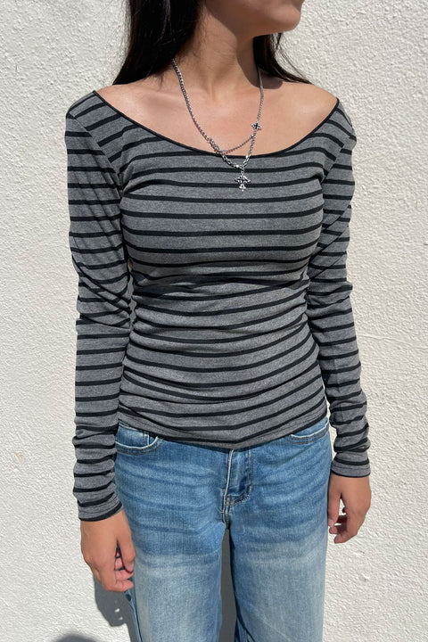 Grunge Look Off-The-Shoulder Long Sleeve Striped Top