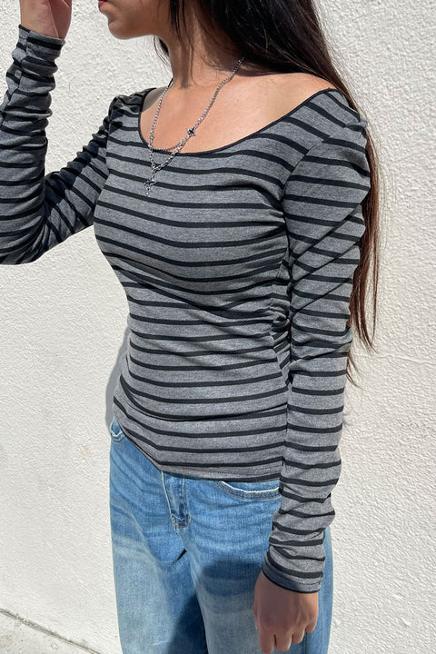 Grunge Look Off-The-Shoulder Long Sleeve Striped Top