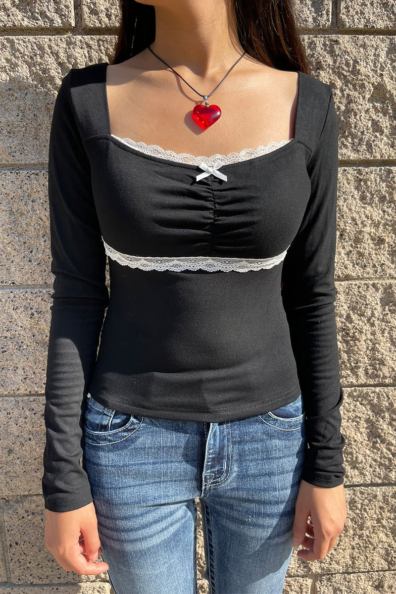 Hyperbees Tops Dark Coquette Sweetheart Neck Long Sleeve Bow Top– HyperBees