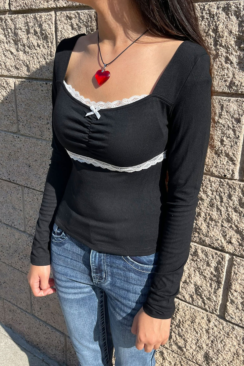 Hyperbees Tops Dark Coquette Sweetheart Neck Long Sleeve Bow Top– HyperBees