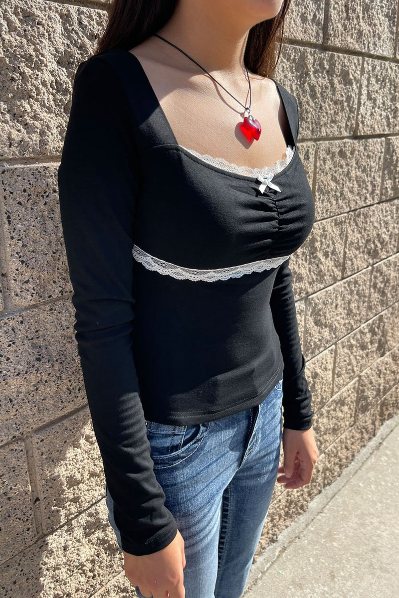 Hyperbees Tops Dark Coquette Sweetheart Neck Long Sleeve Bow Top– HyperBees