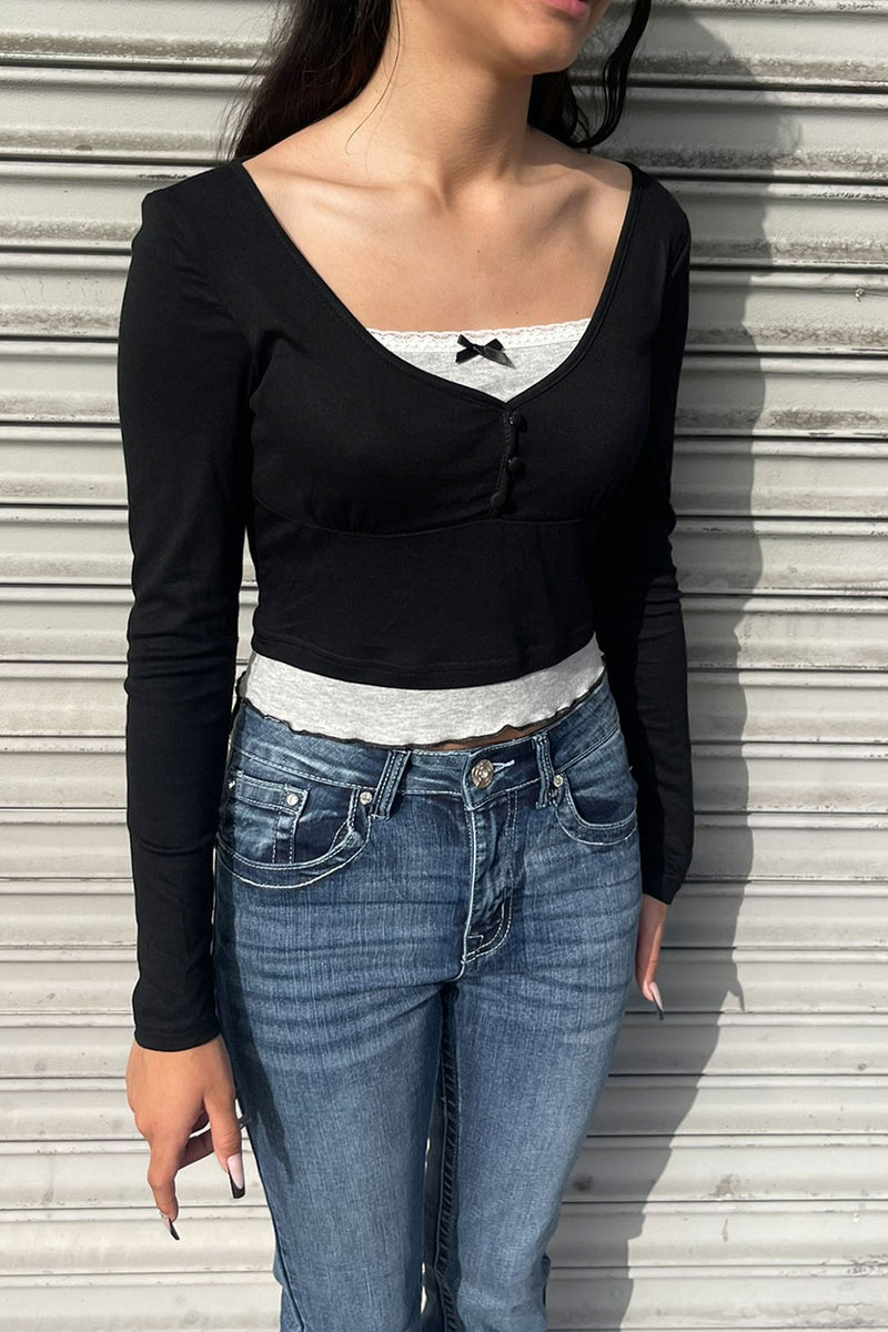 Hyperbees Tops Acubi Style Contrast Layered Button-Front Bow Long Sleeve Top– HyperBees