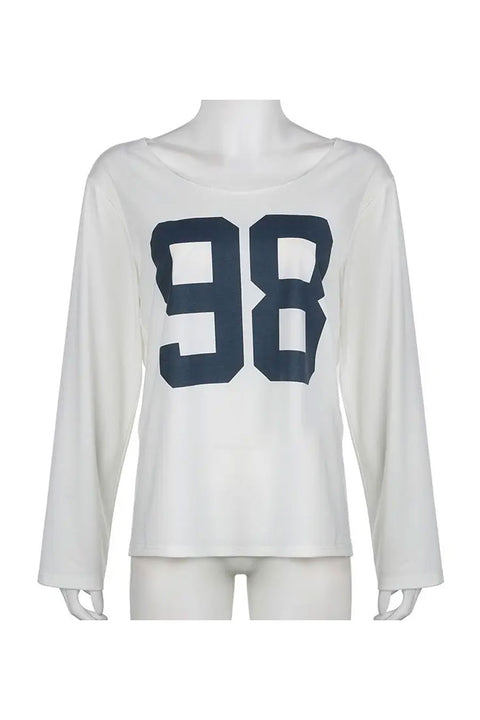 Oversized Off-The-Shoulder Long Sleeve Varsity T-Shirt