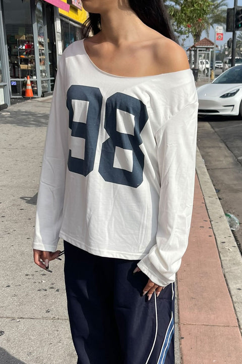 Oversized Off-The-Shoulder Long Sleeve Varsity T-Shirt