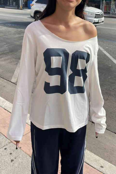 Oversized Off-The-Shoulder Long Sleeve Varsity T-Shirt