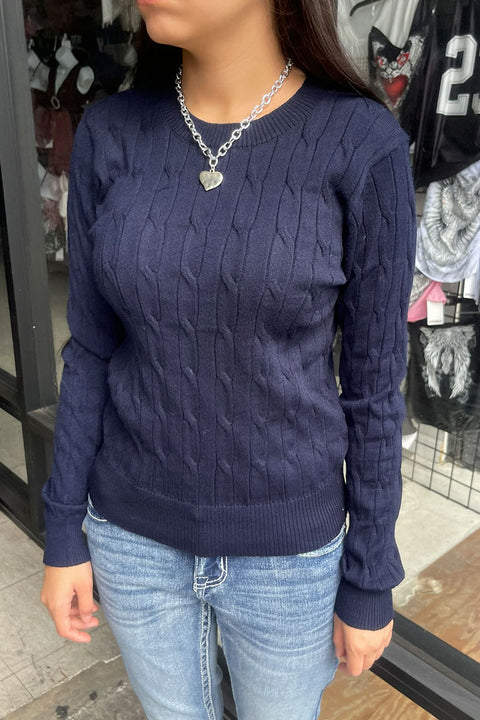 Downtown Girl Long Sleeve Round Neck Cable Sweater