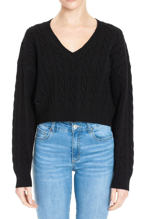 Soft Feel V-Neck Cable Knit Long Sleeve Oversized Crop Sweater Top