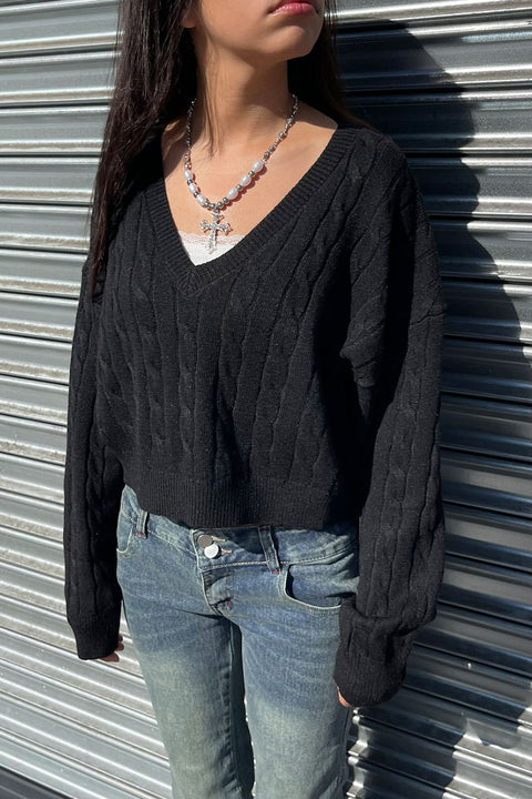 Soft Feel V-Neck Cable Knit Long Sleeve Oversized Crop Sweater Top