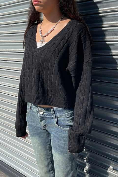 Soft Feel V-Neck Cable Knit Long Sleeve Oversized Crop Sweater Top
