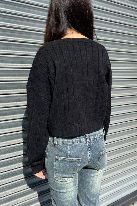 Soft Feel V-Neck Cable Knit Long Sleeve Oversized Crop Sweater Top