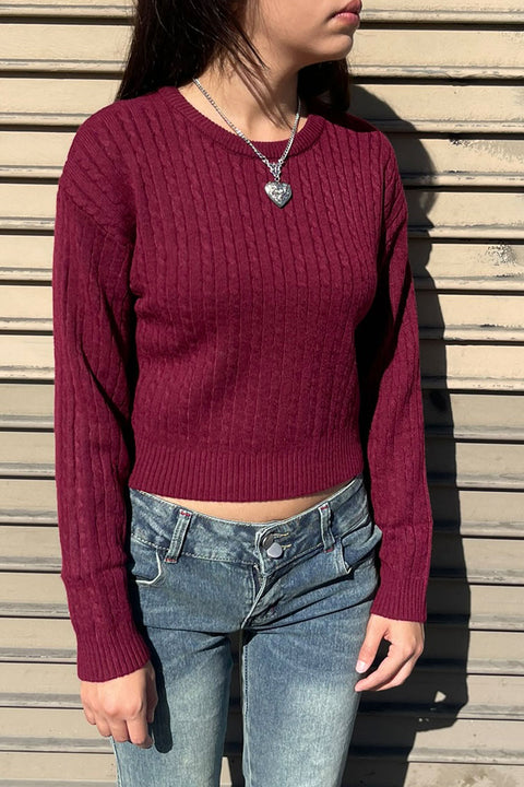 Soft Feel Crew Neck Cable Knit Long Sleeve Cropped Sweater