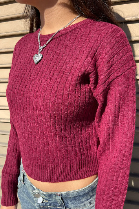 Soft Feel Crew Neck Cable Knit Long Sleeve Cropped Sweater