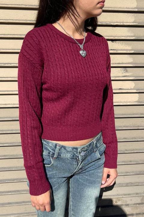 Soft Feel Crew Neck Cable Knit Long Sleeve Cropped Sweater