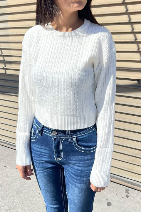 Soft Feel Crew Neck Cable Knit Long Sleeve Cropped Sweater