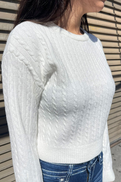 Soft Feel Crew Neck Cable Knit Long Sleeve Cropped Sweater