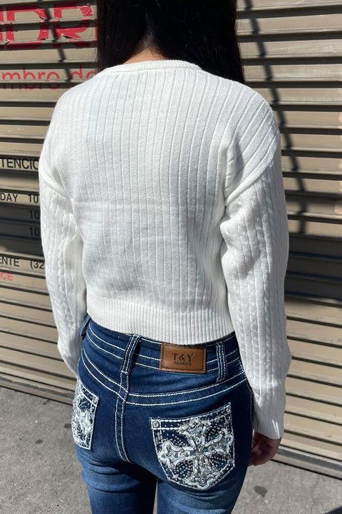 Soft Feel Crew Neck Cable Knit Long Sleeve Cropped Sweater