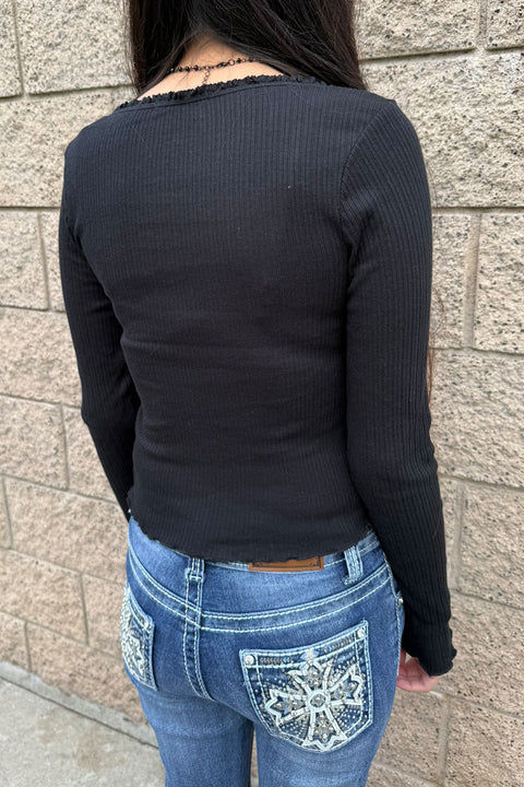 Basic Lettuce Edge Crew Neck Long Sleeve Rib Top