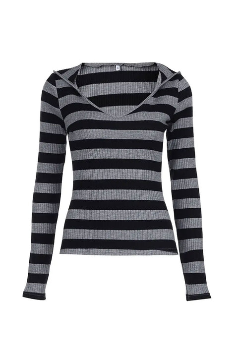 Pullover Hoodie V-Neck Striped Long Sleeve Sweater Top
