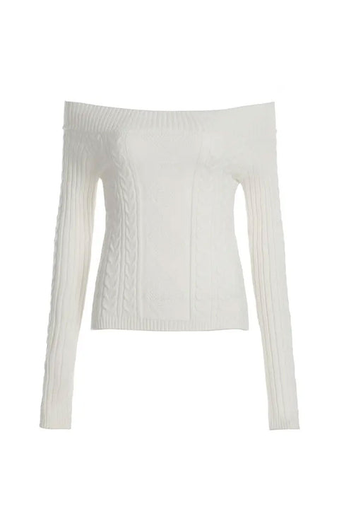 2000s Downtown Girl Cable Knit Off-The-Shoulder Sweater Top