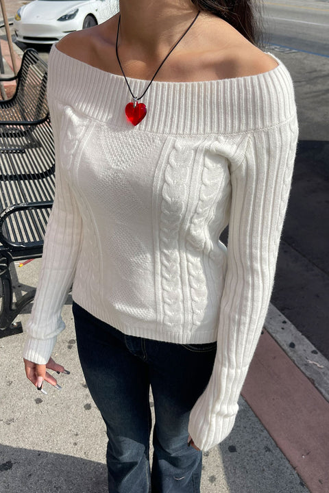 2000s Downtown Girl Cable Knit Off-The-Shoulder Sweater Top