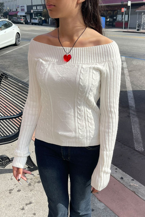 2000s Downtown Girl Cable Knit Off-The-Shoulder Sweater Top