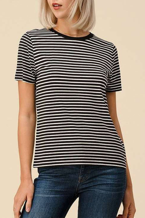 Basic Striped Crew Neck Soft Cotton/Rayon Short Sleeve Top