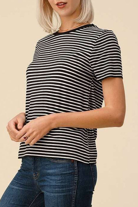 Basic Striped Crew Neck Soft Cotton/Rayon Short Sleeve Top