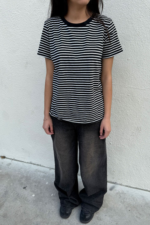 Basic Striped Crew Neck Soft Cotton/Rayon Short Sleeve Top